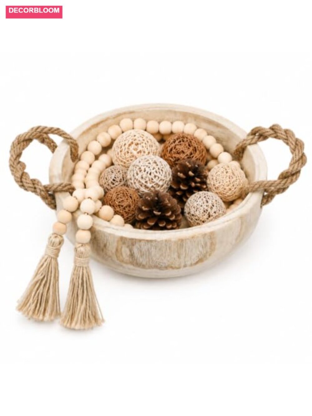 Paulownia Wood Dough Bowl Hand Carved Serving Bowl Bead Garland